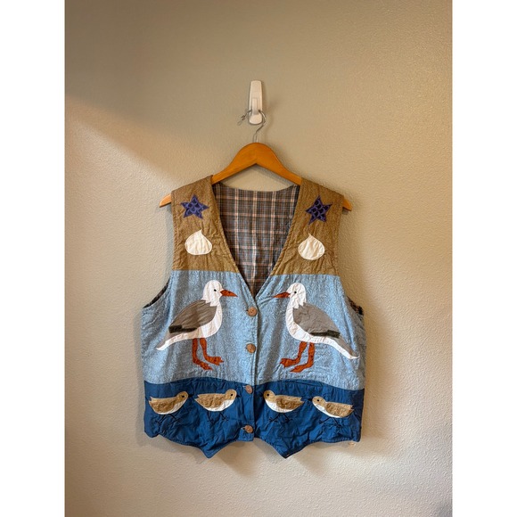 Unbranded Jackets & Blazers - Quilted Applique Vest Women XL Blue Coastal Seagull Bird Artisan Novelty